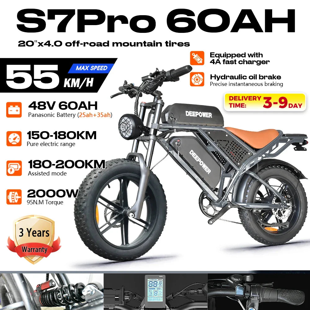 DEEPOWER S7Pro Electric Bike for Adults, 48V, 60Ah,Dual Battery, 20''x4.0 Fat Tires,Snow Mountain E-Bike, 2000W Electric Bicycle