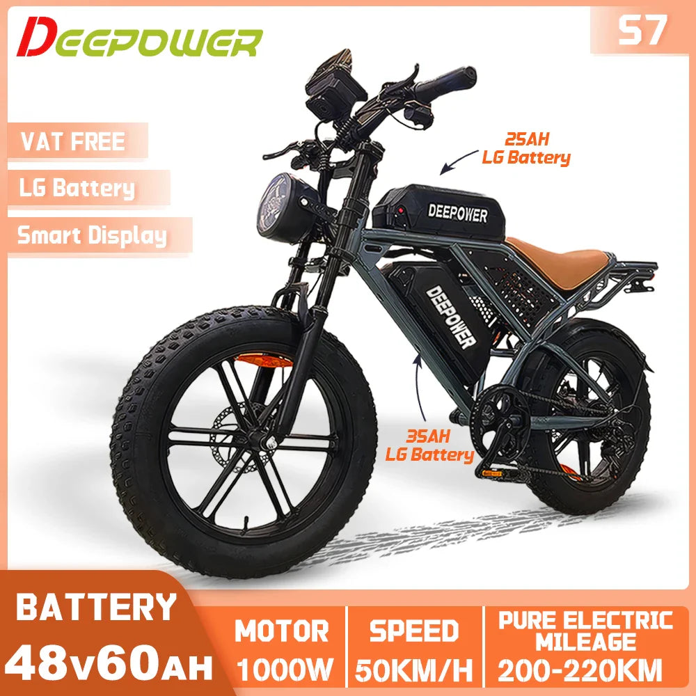 DEEPOWER S7 Off-Road Electric Bike for 1000W Motor Adults Mountain Ebike with 48V 60AH LG Battery All-Terrain Motorcycle Style