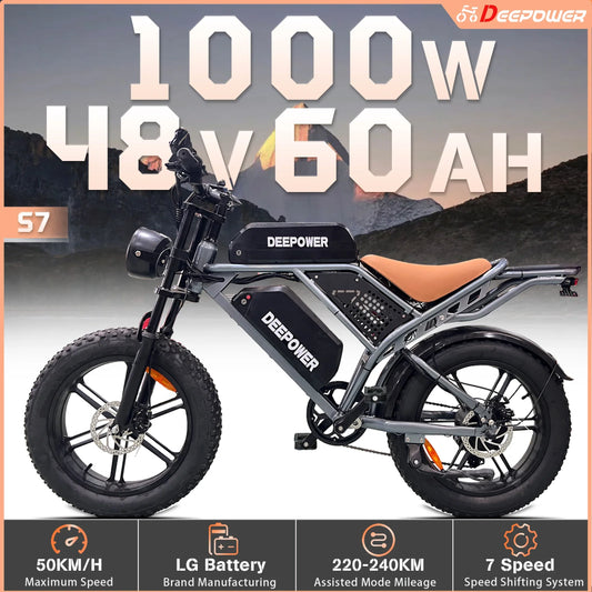 DEEPOWER S7 Off-Road Electric Bike for 1000W Motor Adults Mountain Ebike with 48V 60AH LG Battery All-Terrain Motorcycle Style