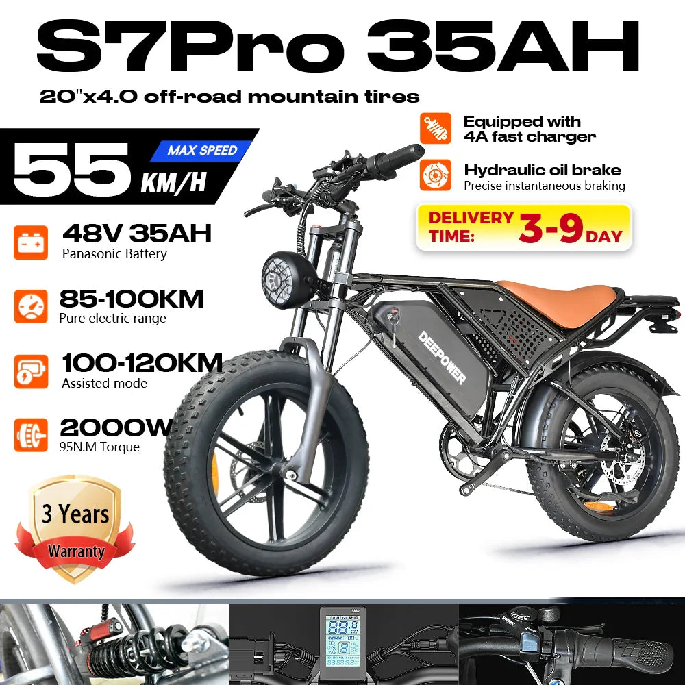 DEEPOWER S7Pro Electric Bike for Adults, 48V, 60Ah,Dual Battery, 20''x4.0 Fat Tires,Snow Mountain E-Bike, 2000W Electric Bicycle