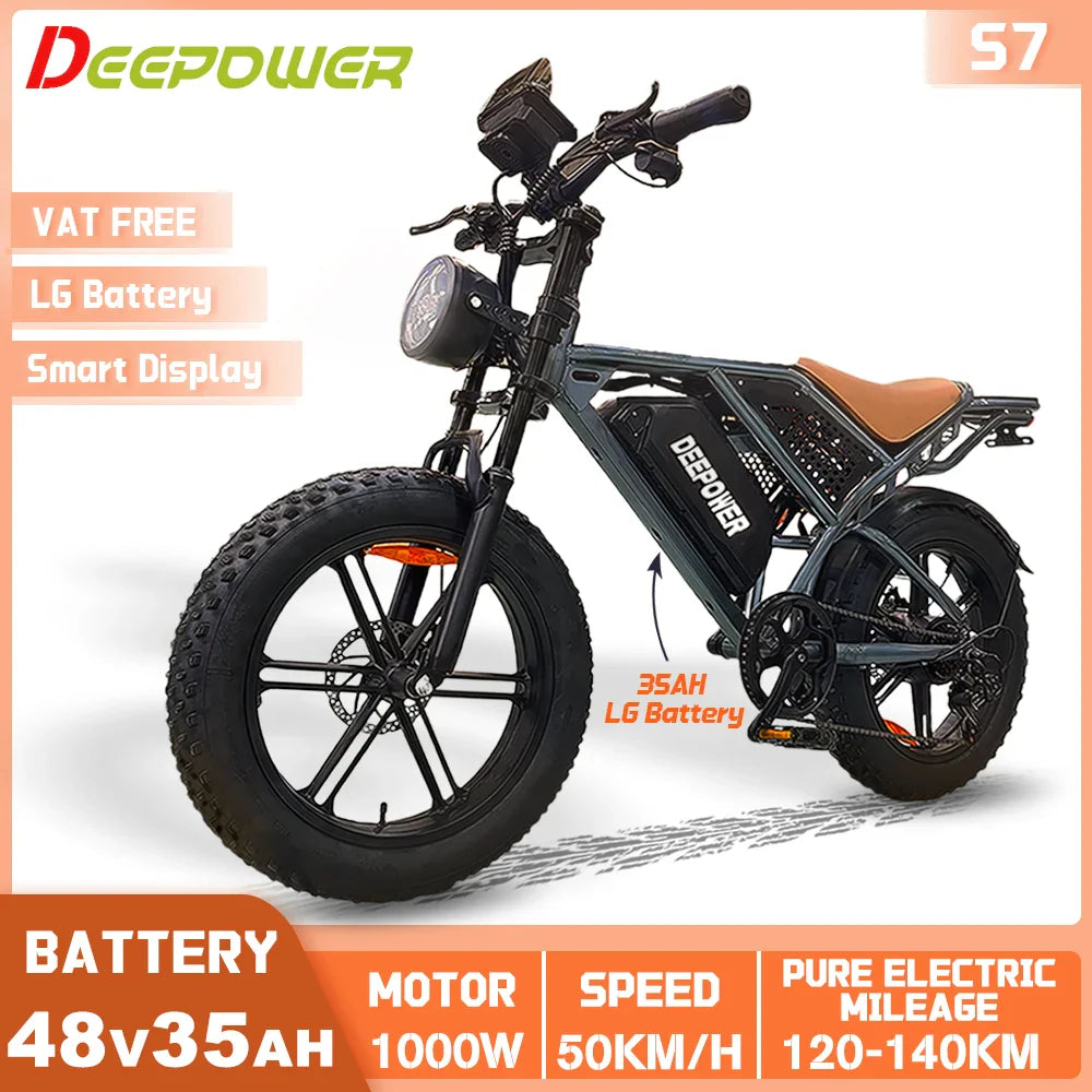 DEEPOWER S7 Off-Road Electric Bike for 1000W Motor Adults Mountain Ebike with 48V 60AH LG Battery All-Terrain Motorcycle Style